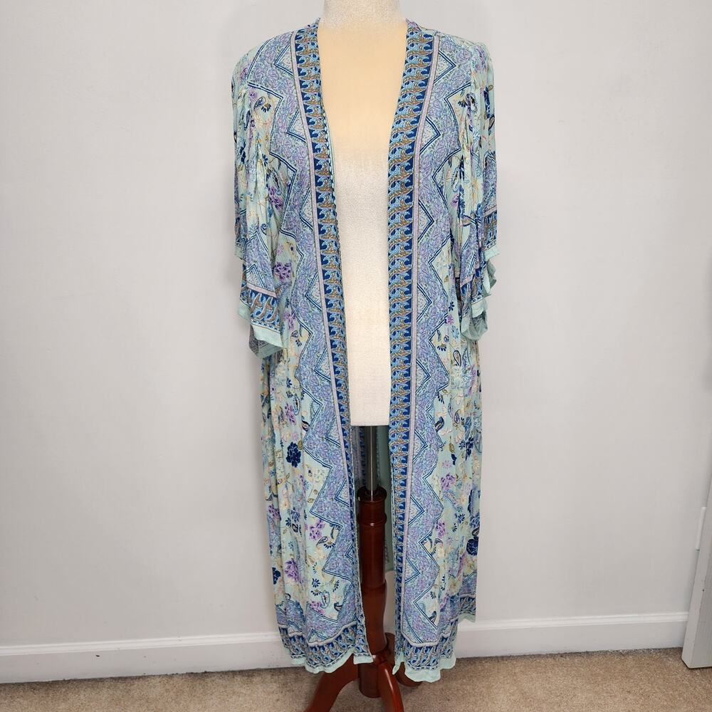 Angie Womens Kimono Size M Blue Floral Longline Flutter Sleeve Rayon Boho Beach
